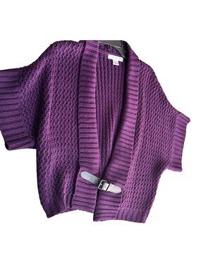 August Silk Size Large Purple Open-Front Knit Shrug  Belted Detail Ribbed
